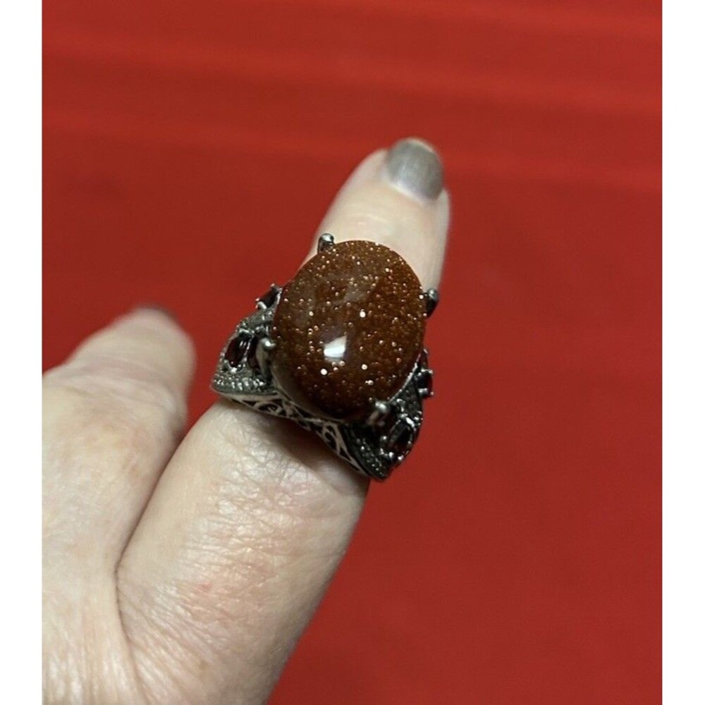 KARIS 925 Sterling Ring with Sparkling Goldstone with Garnets on Both Sides Sz 8